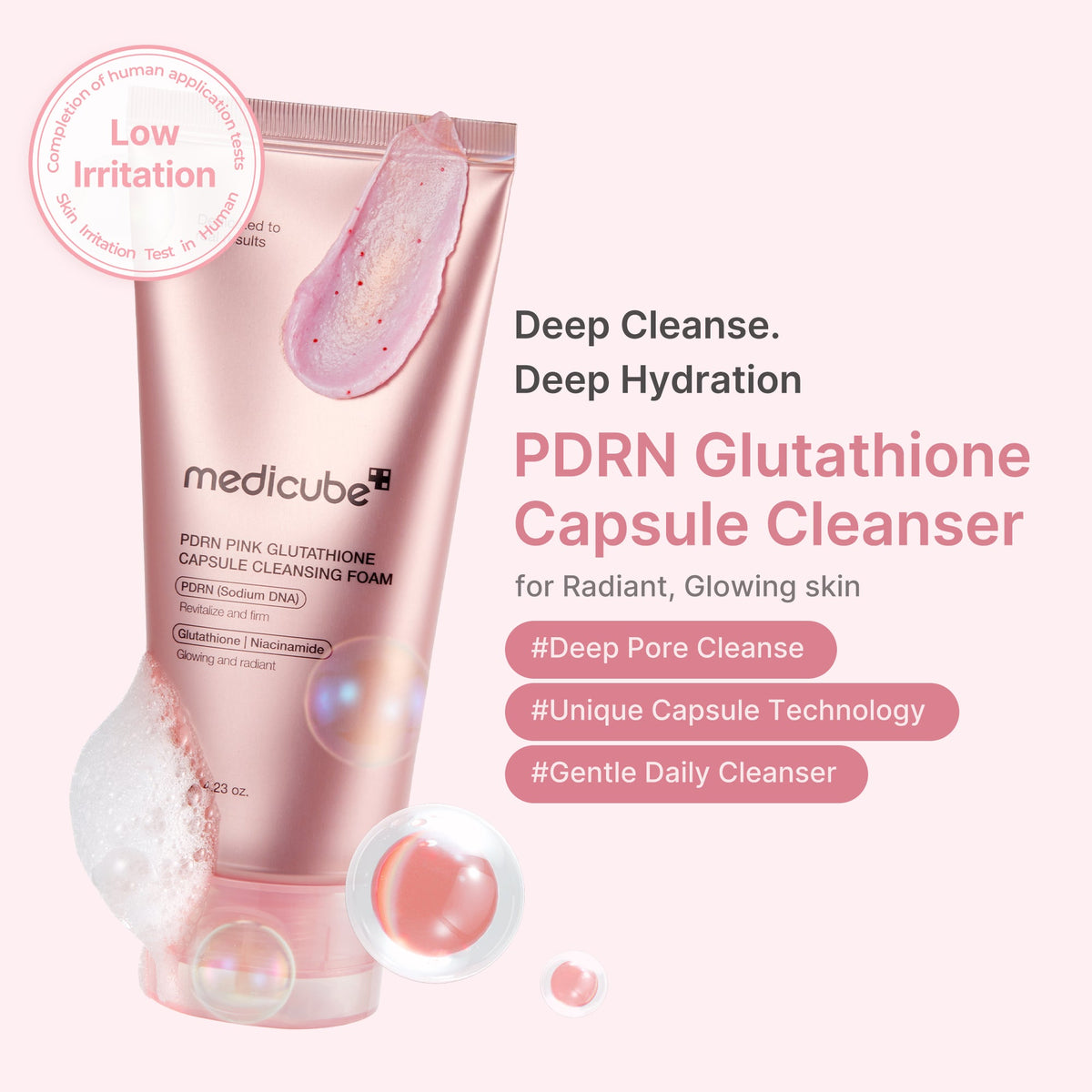 Mousse nettoyante capsule rose au PDRN et au glutathion
